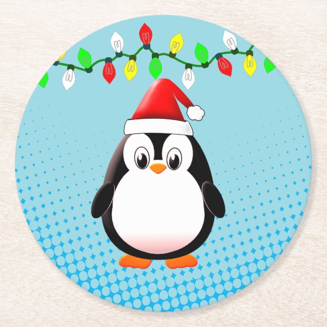 Posavasos Redondo De Papel Personalizado lindo Navidades de pingüino de Santa (Anverso)