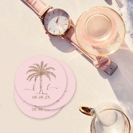 Posavasos Redondo De Papel Personalizado Monograma Boda Árbol de palmas