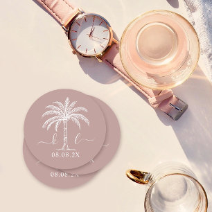 Posavasos Redondo De Papel Personalizado Monograma Boda Árbol de palmas
