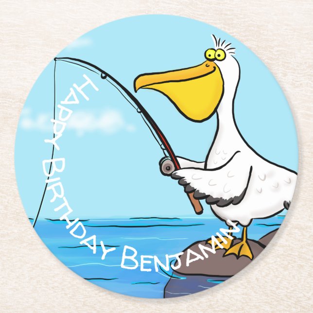 Posavasos Redondo De Papel Personalizado pelícano de pesca divertida (Anverso)