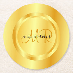 Posavasos Redondo De Papel Personalizado Plantilla Gold Aspecto Monograma mod