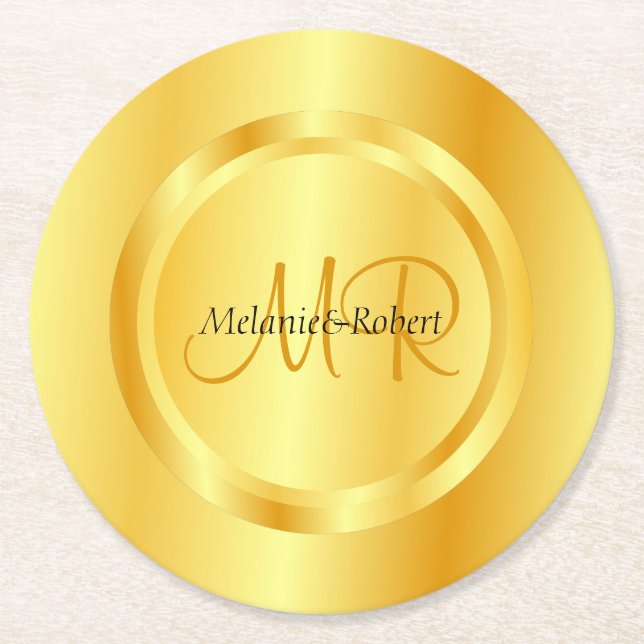 Posavasos Redondo De Papel Personalizado Plantilla Gold Aspecto Monograma mod (Anverso)