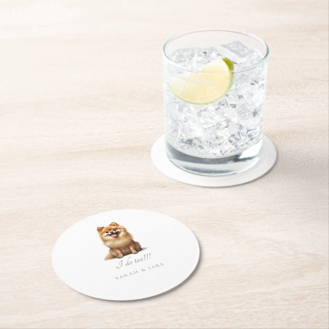 Posavasos Redondo De Papel Personalizado Pomeranian Mascota Boda (In situ)