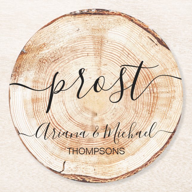 Posavasos Redondo De Papel Personalizado Prost Boda alemán Wood Grain (Anverso)