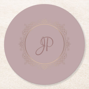 Posavasos Redondo De Papel Personalizado Rosa Monogramado de plantilla Elegan