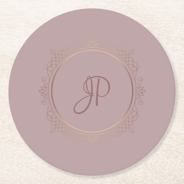 Posavasos Redondo De Papel Personalizado Rosa Monogramado de plantilla Elegan (Anverso)