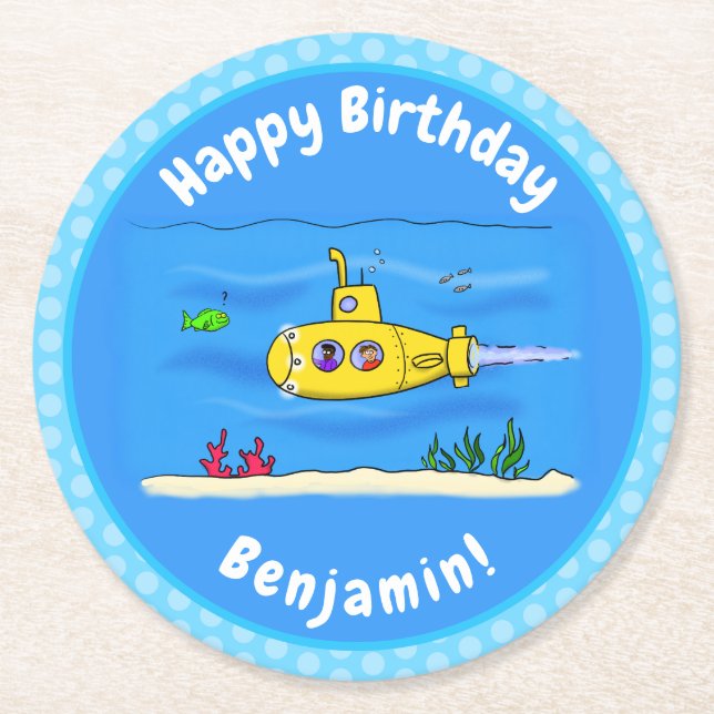 Posavasos Redondo De Papel Personalizado submarino feliz (Anverso)
