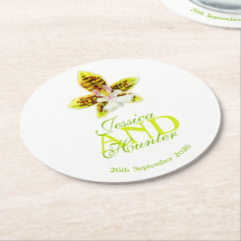Posavasos Redondo De Papel personalizados de orquídeas de color verde boda