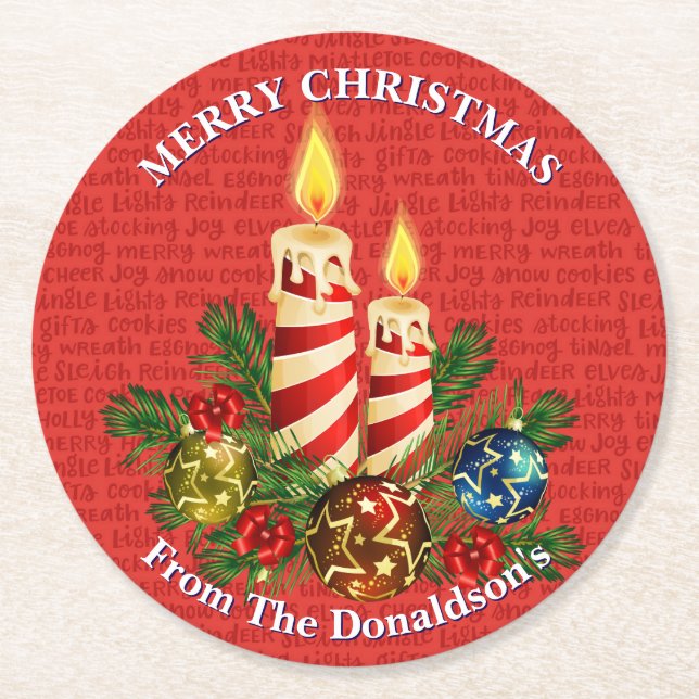 Posavasos Redondo De Papel Personalize Christmas Candles Family Name 6 (Anverso)