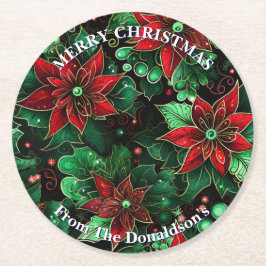 Posavasos Redondo De Papel Personalize Christmas Poinsettias Family Name 6