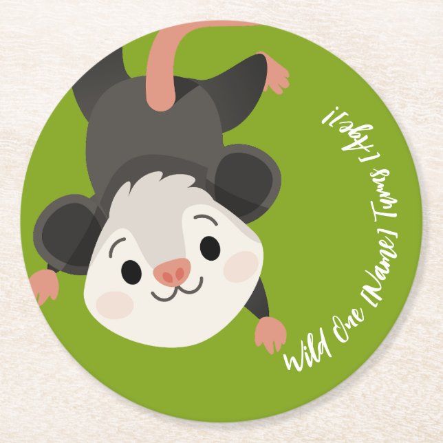Posavasos Redondo De Papel Personalized Cute Opossum Woodland Birthday (Anverso)