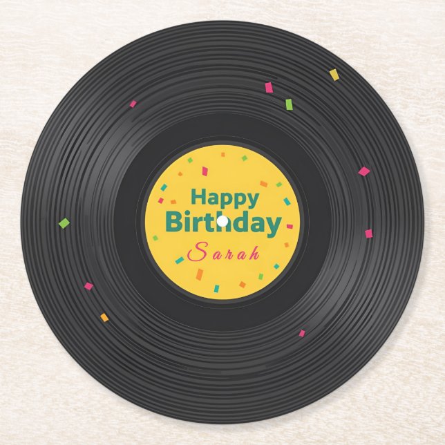 Posavasos Redondo De Papel Personalized Happy Birthday Vinyl Record  (Anverso)