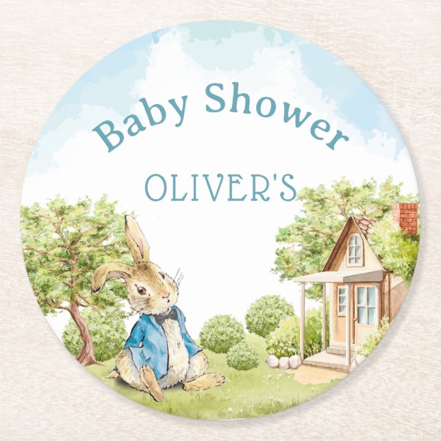 Posavasos Redondo De Papel Peter Rabbit Boy Baby Shower (Anverso)