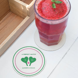 Posavasos Redondo De Papel Pickleball verde y rosado preppy Boda