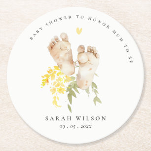 Posavasos Redondo De Papel Pies de bebé Sexo floral Amarillo Baby Shower Neut