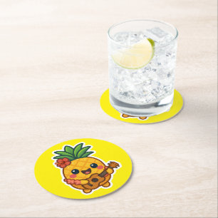 Posavasos Redondo De Papel Piña Kawaii sonriente - Tropical