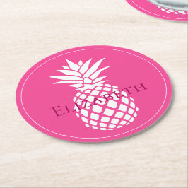 Posavasos Redondo De Papel Piñas Blancas Elegantes sobre Rosa