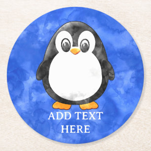 Posavasos Redondo De Papel Pingüino Cute Acuarela Azul
