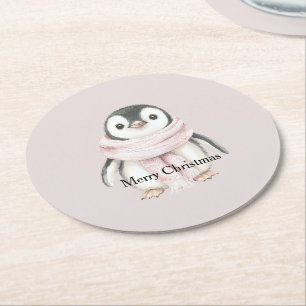Posavasos Redondo De Papel Pingüino de Navidad con bufanda rosa