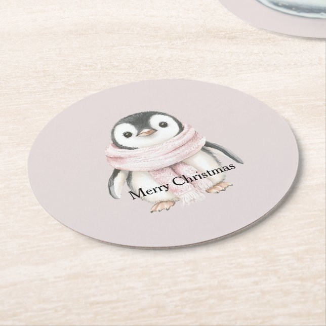 Posavasos Redondo De Papel Pingüino de Navidad con bufanda rosa (En perspectiva)