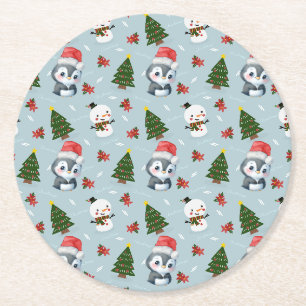Posavasos Redondo De Papel Pingüino Santa Feliz Feliz Feliz Navidad
