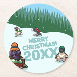 Posavasos Redondo De Papel Pingüinos Adorables Añaden El Año ¡Feliz Navidad!