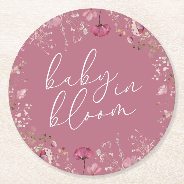Posavasos Redondo De Papel Pink Baby In Bloom Wildflower Baby Shower (Anverso)