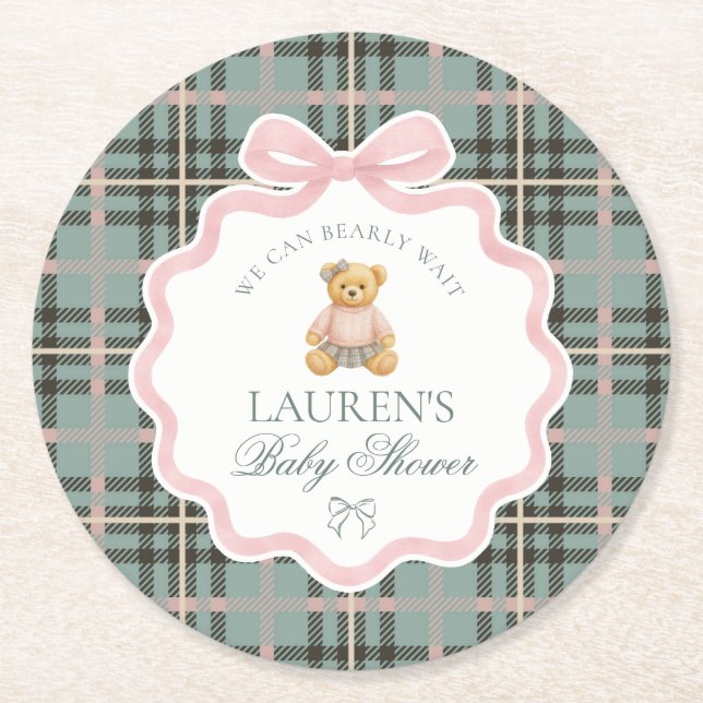 Posavasos Redondo De Papel Pink Coquette Bow Bear Plaid Baby Shower  (Anverso)