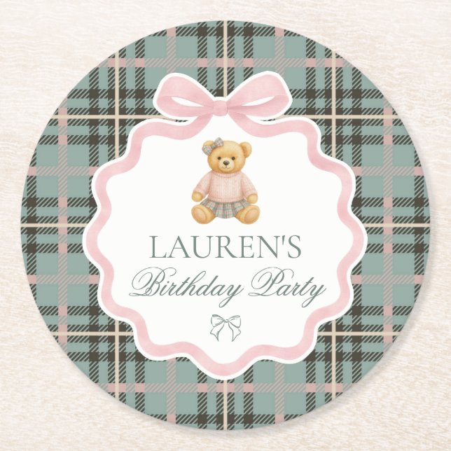 Posavasos Redondo De Papel Pink Coquette Bow Bear Plaid Birthday  (Anverso)