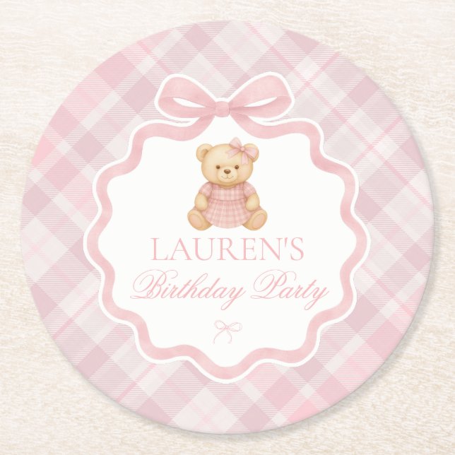 Posavasos Redondo De Papel Pink Coquette Bow Bear Plaid Birthday  (Anverso)