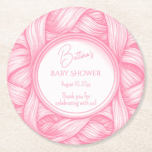 Posavasos Redondo De Papel Pink Coquette Bow Ribbon Toile de Jouy Baby Shower