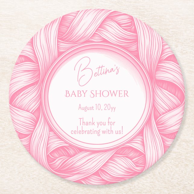 Posavasos Redondo De Papel Pink Coquette Bow Ribbon Toile de Jouy Baby Shower (Anverso)