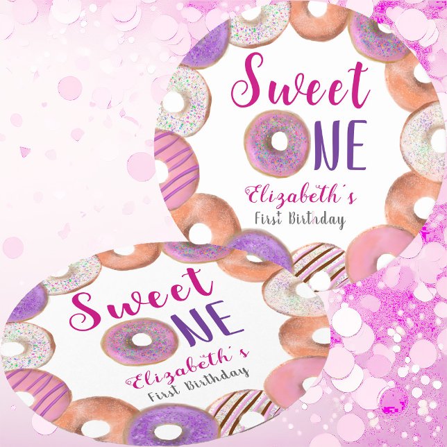 Posavasos Redondo De Papel Pink Donut Sweet One First Birday Personalizado (Subido por el creador)