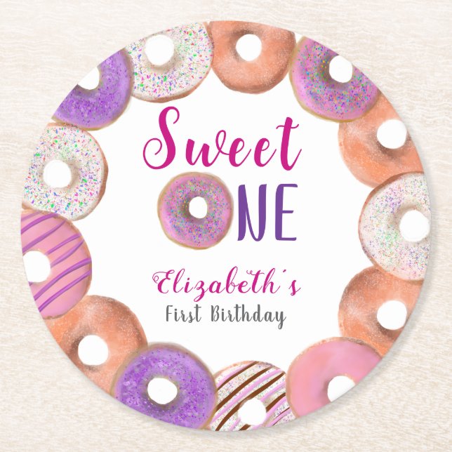 Posavasos Redondo De Papel Pink Donut Sweet One First Birday Personalizado (Anverso)