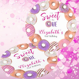 Posavasos Redondo De Papel Pink Donut Sweet To Be First Birday Personalizado