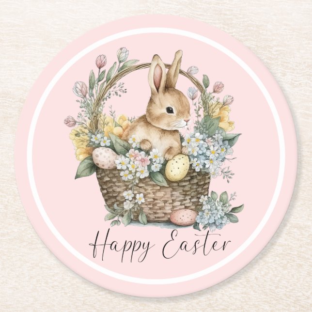 Posavasos Redondo De Papel Pink Happy Easter Bunny (Anverso)