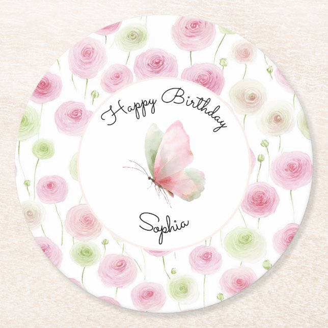 Posavasos Redondo De Papel Pink Mint Ranunculus Floral Birthday (Anverso)
