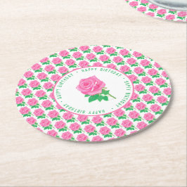 Posavasos Redondo De Papel Pink Rose Feliz cumpleaños