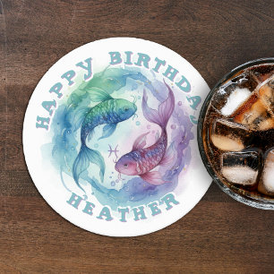 Posavasos Redondo De Papel Piscis Zodiaco Acuarela Peces Astrología Cumpleaño