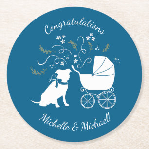 Posavasos Redondo De Papel Pit Bull Baby Shower Pitbull Dog Blue Boy