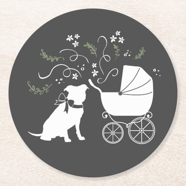 Posavasos Redondo De Papel Pit Bulldog Baby Shower Género Neutral Pitbull (Anverso)