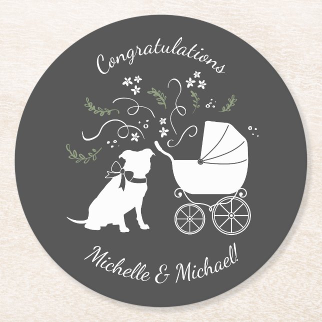 Posavasos Redondo De Papel Pit Bulldog Baby Shower Género Neutral Pitbull (Anverso)