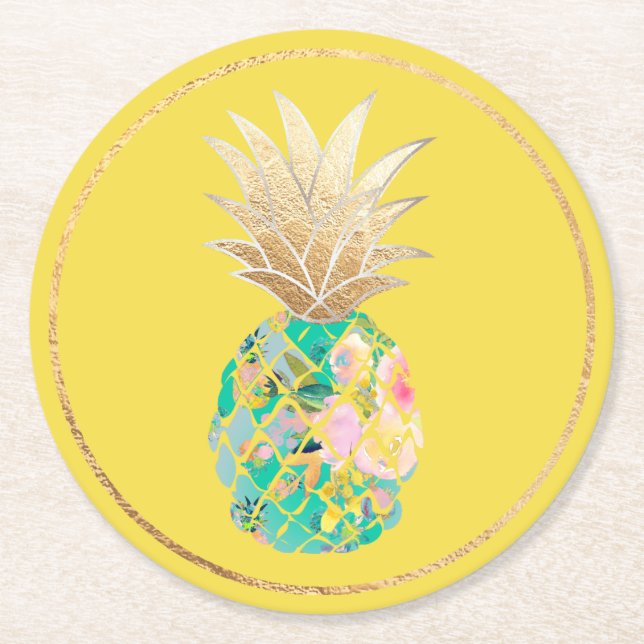 Posavasos Redondo De Papel PixDezines Aloha Pineapples/fondo DIY (Anverso)