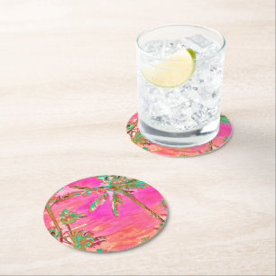Posavasos Redondo De Papel PixDezines Vintage Hawaiano Playa/Rosa/Azul Turque