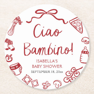 Posavasos Redondo De Papel Pizza Ciao Bambino Baby Shower de mano de mano ita