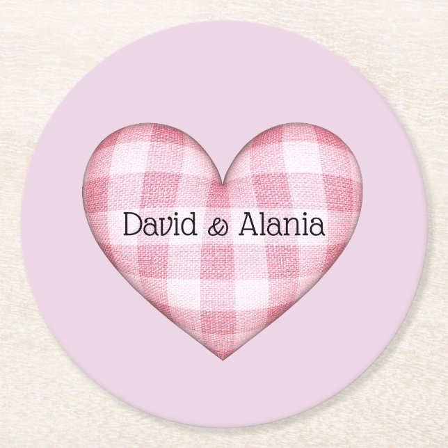 Posavasos Redondo De Papel Plaid Heart 3D con dos nombres (Anverso)