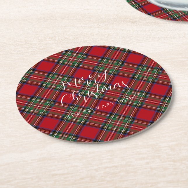 Posavasos Redondo De Papel Plaid Navidades Holiday Script Stewart Tartán (En perspectiva)