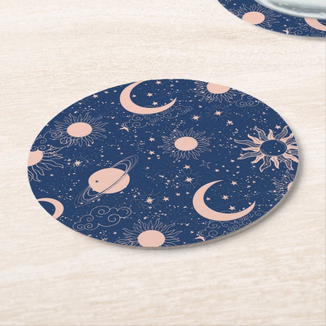 Posavasos Redondo De Papel Planetas y patrones de estrellas (En perspectiva)