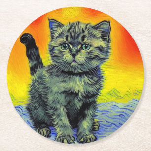 Posavasos Redondo De Papel Playa de Sunset Cat Style Van Gogh
