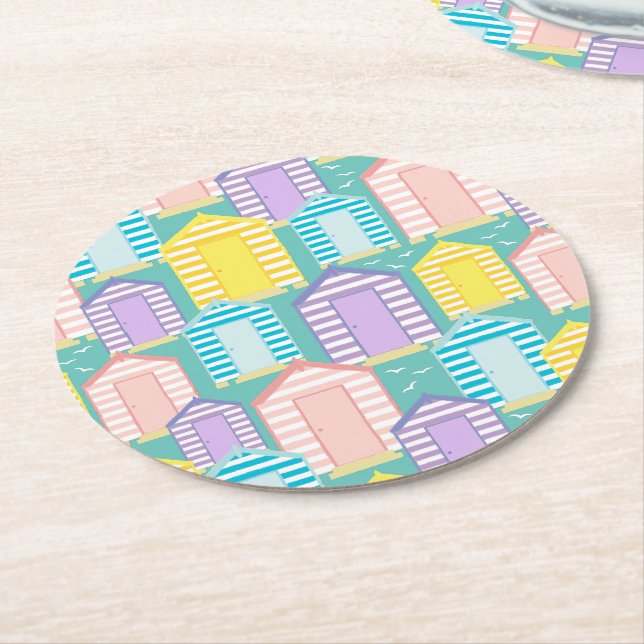 Posavasos Redondo De Papel Playa Pastel Striped Beach Hut Patterned (En perspectiva)